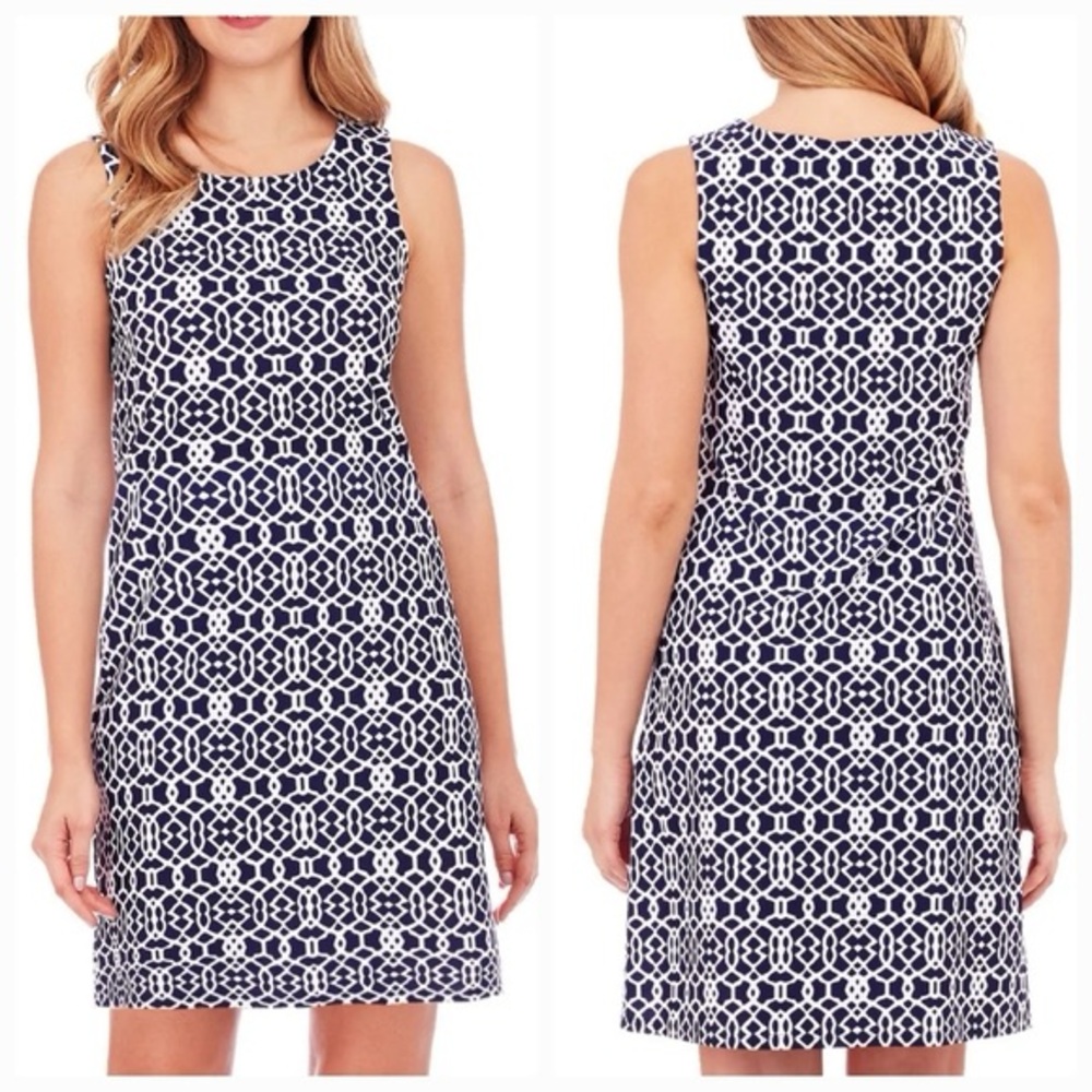 Jude Connally. Beth Dress. Blue & White Geometric Print. Size Small.